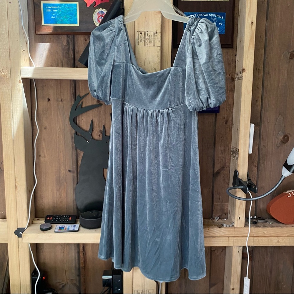 blue babydoll puff sleeve velour mini dress